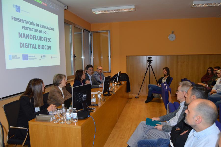 Giao, Luzardo, Argerey, Arias e Lolo, na presentación de resultados de proxecxtos de I+D na Facultade de Ciencias