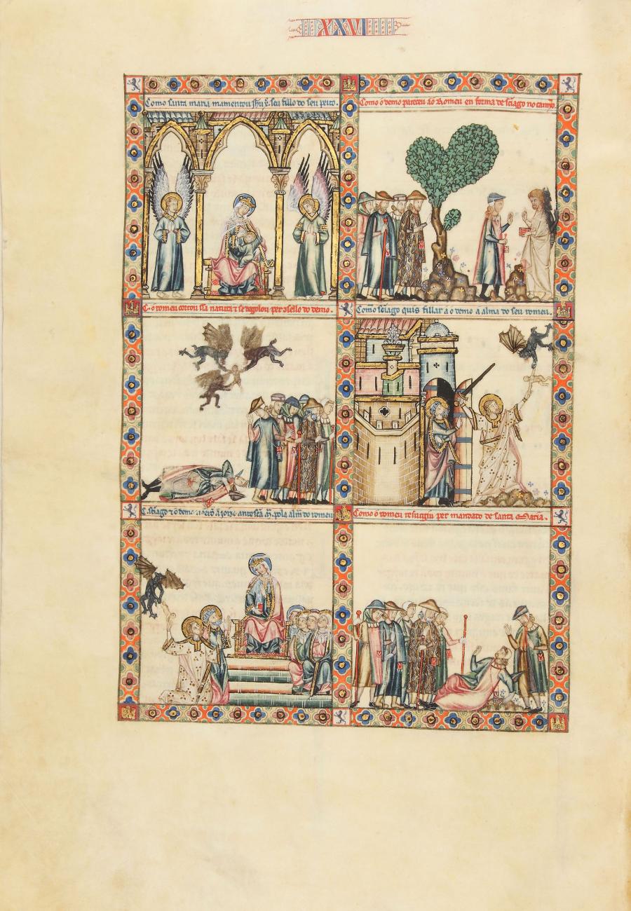 Páxina dun dos códices que amosa o milagre do romeiro a Santiago