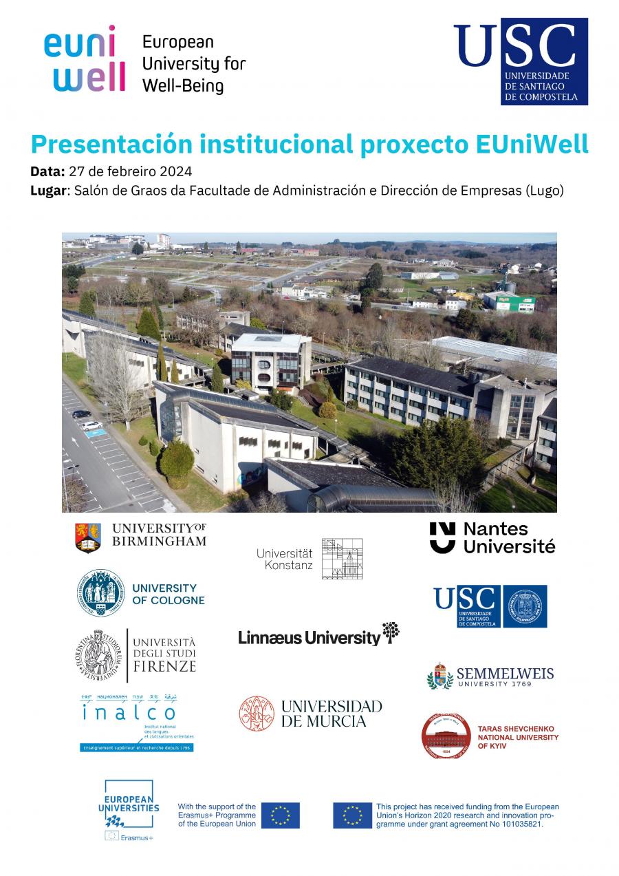 Cartaz do acto institucional de presentación de EUniWell no Campus de Lugo