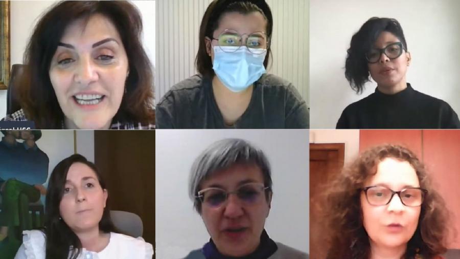 De esqueda a dereita no sentido das agullas do reloxo, Montserrat Valcárcel, Iria Santidrián, Zinthia Álvarez, Raquel Lombao, Begoña Sánchez e Teresa Rodríguez