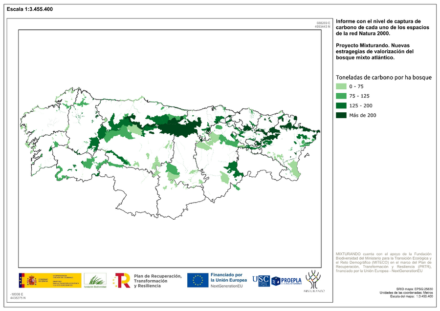 Concentración en toneladas de carbono por hectárea de bosque para os diferentes espazos protexidos polos seus valores ambientais. 