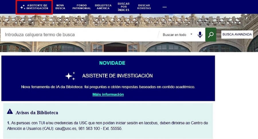 Podes atopar o Asistente de Investigación na parte superior esquerda da barra de navegación de Iacobus Podes atopar o Asistente de Investigación na parte superior esquerda da barra de navegación de Iacobus