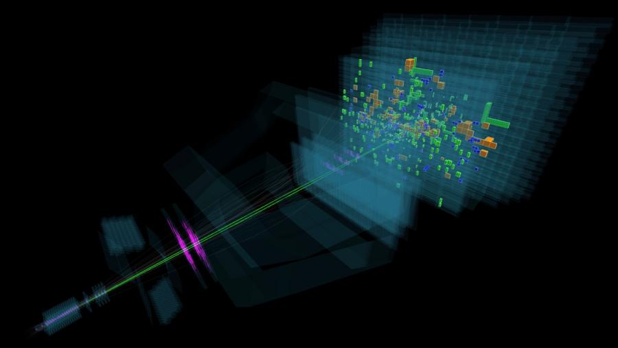 ilustración dun evento real detectado no experimento LHCb dunha colisión protón-protón e posterior desintegración dun mesón B en dous muóns. Crédito: CERN