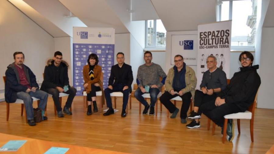 De esquerda a dereita, Marcos Loopez, Adra Pallón, Sabela Eiriz, Jesús Varela Zapata, Sergio Zearreta, Pepe Coira, Juan Carlos Zahera y Andrés Goteira, na Vicerreitoría de Lugo